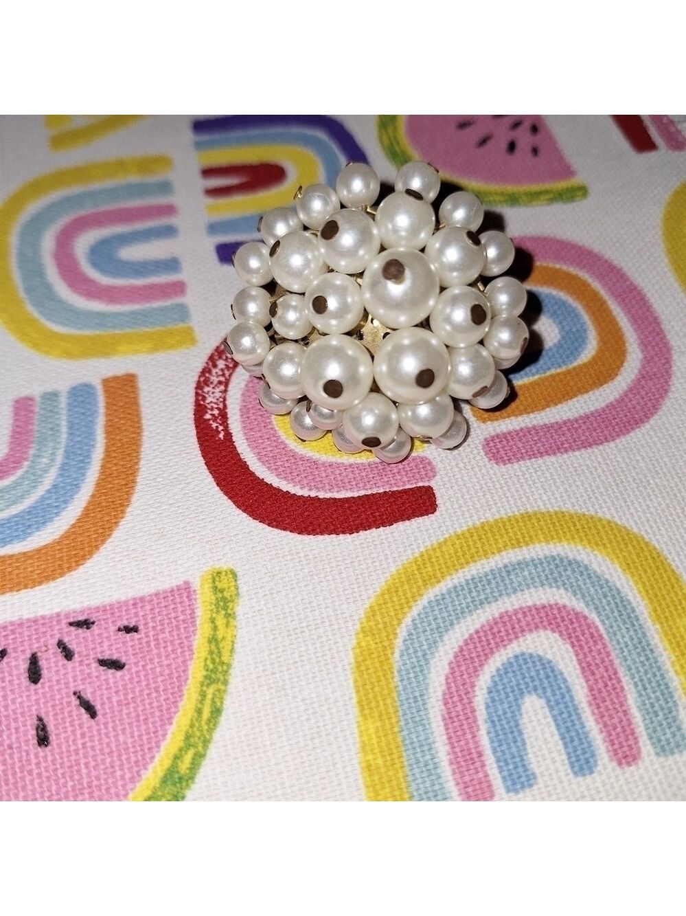 Pearl and Gold Tone Costume Jewelry Elastic Ring